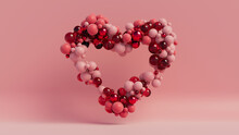 Multicolored Sphere Love Heart. Pink, Red Glass And Red Metallic Spheres Arranged In A Heart Shape. 3D Render. 