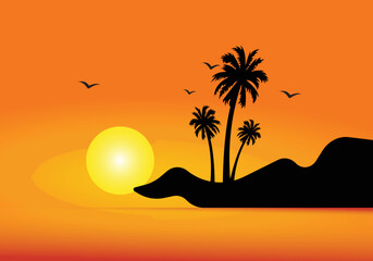 palm tree, sun, birds, and mountain victor landscape