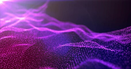 Poster - Futuristic abstract purple glowing wave lines from dots and particles of shining pixels magical energy glowing neon in sunbeams. Abstract background. Screensaver, video in high quality 4k