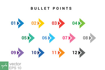 direction number bullet points from one to twelve. simple flat style. number with arrow for list and