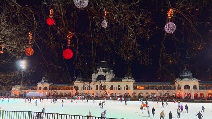 Canvas Print - City Park Ice Rink behind the colored lamps on the tree, Budapest, Hungary