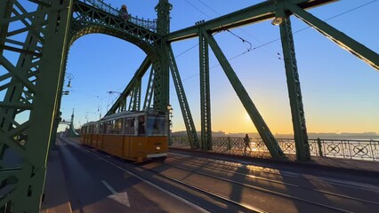 Canvas Print - Tram on Liberty Bridge at sunrise, Budapest, Hungary