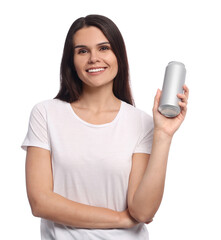 Wall Mural - Beautiful young woman holding tin can with beverage on white background