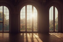 Large Panoramic Arched Windows. Fantasy Interior Of The Palace With Windows To The Garden. Rays Of The Sun, Shadows. Majestic Window.