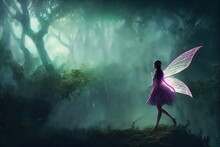 Fantasy Concept Portrait Of The Fairy In The Magic Forest With A Lot Of Lightnings. Digital Art Style. Illustration Painting