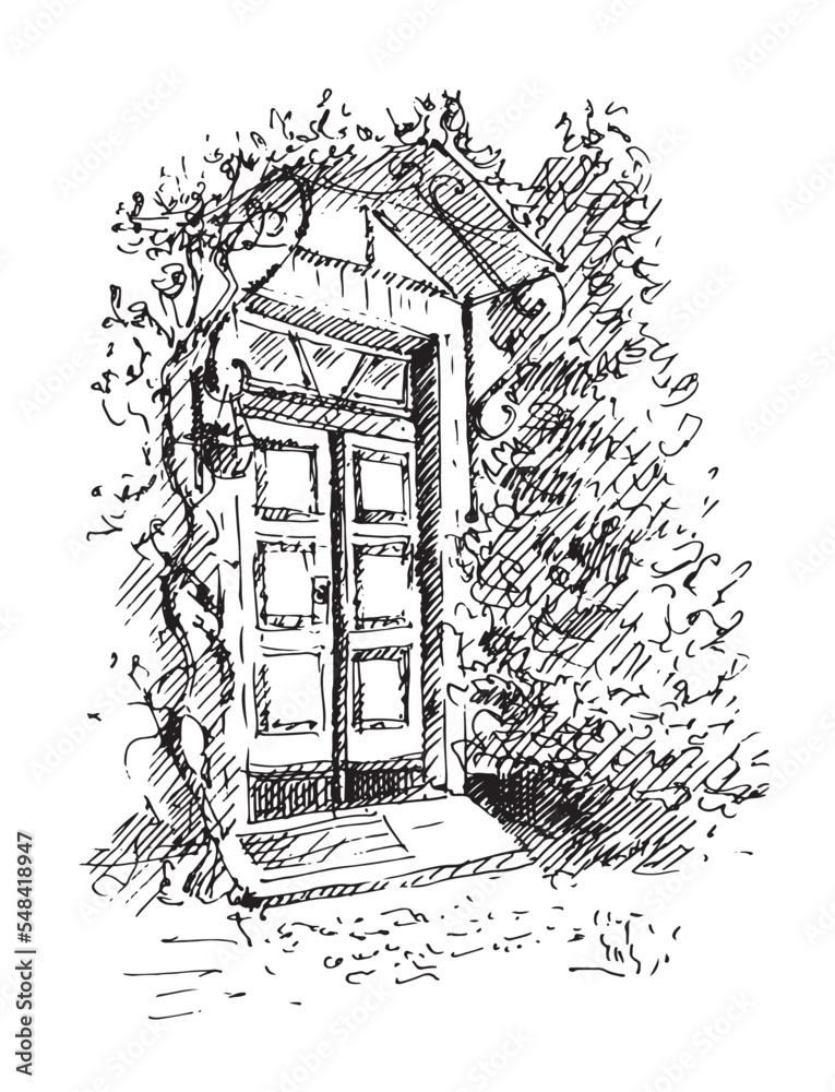 Cozy entrance porch. Shop in the old town. Hand drawn sketch illustration in vector.