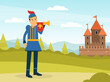 Royal herald with trumpet. Medieval trumpeter character cartoon vecto