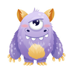 Poster - Funny Purple Monster with Hairy Body and Smiling Face Vector Illustration