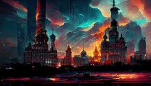 Moscow City, Russia. Digital Art Style, Illustration Painting