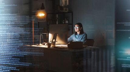 Poster - Business woman, computer or coding in night office for digital marketing web design, 3d database programming or digital transformation. Programmer, cyber security worker or futuristic code technology