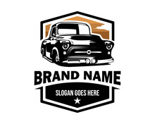 Vintage Truck Logo Showing From The Front. Stunning Sunset View Design. Vector Illustration Available In Eps 10.