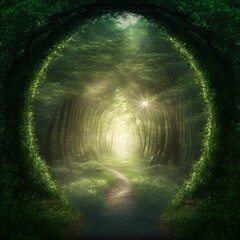 Poster - Raster illustration of tunnel in the forest of trees with shining light at the end. Passage through the dense forest, natural wonders, wild, portal to another world, courtship of nature. 3D artwork