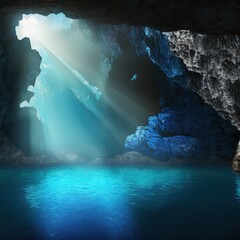Poster - Rays of sunlight through the holes in the cave illuminate the blue water. Transparent pools in the cave flow in cascades. Stone gray walls, the inner side of the rock. 3d artwork