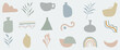 Doodle elements vector set. Hand drawn pastel color, minimal and doodle style collection of organic shapes, leaf branch, flower, crescent moon, vase. Design illustration for sticker, comic, print.