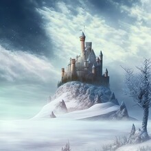 Winter Landscape With Castle, Snow And Ice. Clouds Are Floating In The Sky