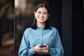 Poster - Business woman, portait and smile with phone typing, happy to email or doing online, internet or web search. Career female with mobile smartphone working in social media marketing outdoor in the city