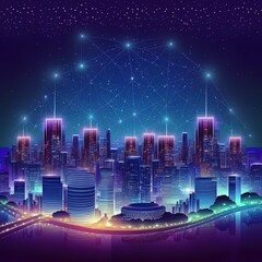 Poster - Illustration of a smart city at night, application development concept, smart city, Internet of things, smart life, information technology, gradient grid line, metaverse connection technology concept