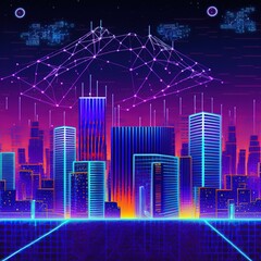 Poster - Illustration of a smart city at night, application development concept, smart city, Internet of things, smart life, information technology, gradient grid line, metaverse connection technology concept