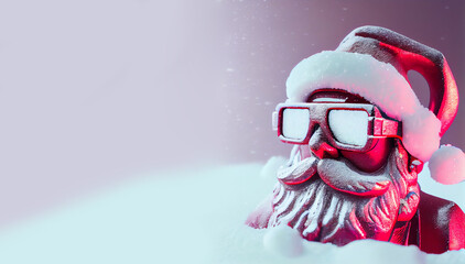 Santa Claus 3d head in Virtual Reality Space in VR glasses neon sci-fi cyberpunk 3D illustration. Merry Christmas and Happy New Year Greeting Card Design Template. tech digital metaverse gaming Santa.