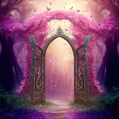 Wall Mural - elegant portal in floral arch on pink fairy tale forest glade. glamorous gate for maleficent. magica