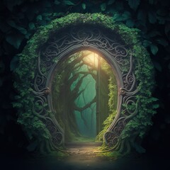 Wall Mural - forgotten portal with mossy stone arch in mystery green forest. magical door leading to unknown worl