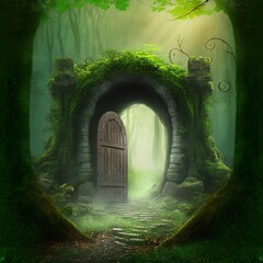 Wall Mural - forgotten portal with mossy stone arch in mystery green forest. magical door leading to unknown worl