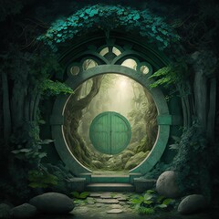 Wall Mural - forgotten portal with mossy stone arch in mystery green forest. magical door leading to unknown worl