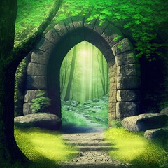 Wall Mural - forgotten portal with mossy stone arch in mystery green forest. magical door leading to unknown worl