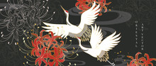 Luxury Gold Oriental Style Background Vector. Chinese And Japanese Wallpaper Pattern Design Of Elegant Crane Birds And Flowers With Gold Line Texture. Design Illustration For Decoration, Wall Decor.