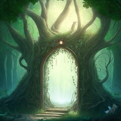 Wall Mural - magical portal with arch made with tree branches in shady green forest. open door to alternative dim