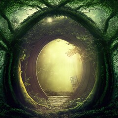 Wall Mural - magical portal with arch made with tree branches in shady green forest. open door to alternative dim