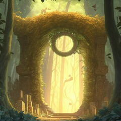 Wall Mural - magical portal with arch made with tree branches in shady green forest. open door to alternative dim