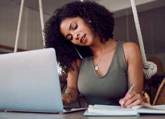 Sticker - Laptop, phone call and black woman writing in notebook, multitasking and working in cafe. Freelancer, tech and female remote worker with computer, books and mobile smartphone networking with contact.