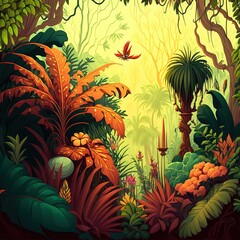 Poster - Raster illustration of beautiful cartoon impenetrable jungle. Tropical plants, exotic palms, trees, bushes, wilds, wild life, safari, tropics, equator. Beauty of nature concept. 3D rendering