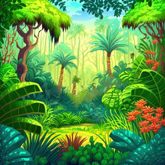 Poster - Raster illustration of beautiful cartoon impenetrable jungle. Tropical plants, exotic palms, trees, bushes, wilds, wild life, safari, tropics, equator. Beauty of nature concept. 3D rendering