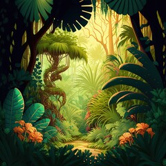 Poster - Beautiful cartoon impenetrable jungle. Tropical plants, exotic palms, trees, bushes, wilds, wild life, safari, tropics, equator. Beauty of nature concept. 3D rendering