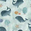 © Lia - Whale seamless pattern Underwater world watercolor repeated background Cartoon whales seaweed urchin shells sea stars childish print