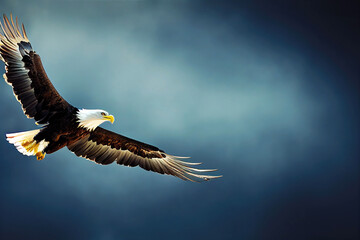 Wall Mural - Bald eagle flying with wings spread for hunting in dark sky