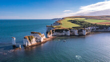 Aerial View With Old Harry Rocks, The Beautiful Coastline And Cliffs On South England, UK