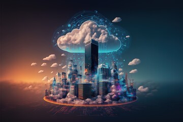 Poster - Illustration of a smart city at night, application development concept, smart city, Internet of things, smart life, information technology, gradient grid line, 3d illustration