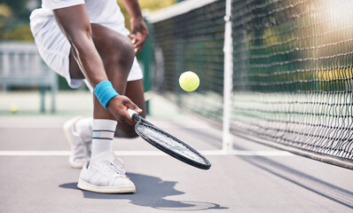 Tennis, fitness and black man hands in an outdoor sports court game doing training and workout. Wellness exercise and cardio energy of an athlete on a tennis court in a professional competition