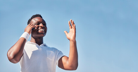 Poster - Nature, phone call communication and black man talking, speaking or chatting. Blue sky, mobile and low angle of male on 5g smartphone in conversation, discussion or networking with contact outdoors.
