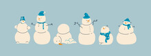 Various Snowman Characters Shapes. Winter Outdoor Activities For Kids Or Family. Snow Sculpture Decorating With Hat, Scarf, Brunches As Arms And Carrot As Nose. Cartoon Vector Items Are Isolated. 