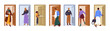 People opening doors, entering, exiting home set. Men, women at doorways, entrances. Characters going through house and office entries. Flat graphic vector illustration isolated on white background