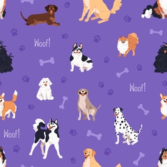 Fototapete - Cute dogs pattern. Seamless canine animal background, texture. Funny happy doggies pets, puppies breeds, repeating print design for textile, wrapping, wallpaper. Colored flat vector illustration