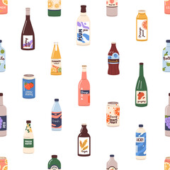 Poster - Drinks seamless pattern. Soda, juice in glass bottles, cans, endless background. Repeating print with cold summer beverages, lemonades. Colored flat vector illustration for fabric, wrapping, decor