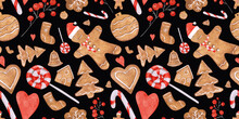 Gingerbread Cookie Seamless Pattern. Watercolor Christmas Cookie Endless Print On A Black Background. Cute Christmas Backdrop. Gingerbread House, Christmas Tree Cookie, Heart, Candy, Man.