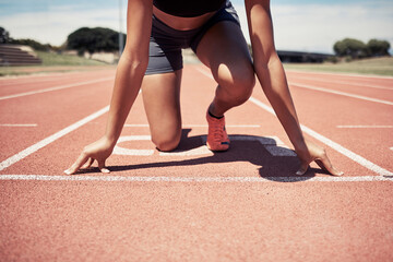 Canvas Print - Black woman, athlete and hands on track to start race, running and outdoor for fitness, wellness or health. Exercise, African American female or girl ready for marathon, workout or training in summer