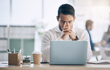 Poster - Stress, laptop and Asian man with headache, anxiety and issues with planning, internet browse and office. Young male, upset entrepreneur and tired business owner with burnout, upset and mental health