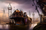 Fototapeta Londyn - Steampunk fantasy bakcground of imaginary shipyard under shunder sky. Amazing 3D landscape. Digital illustration. CG Artwork Background